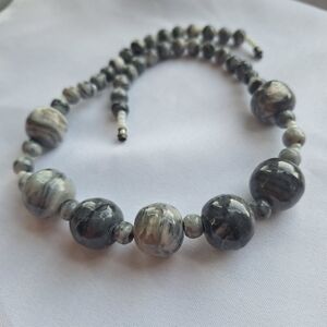 Stone Necklace Vintage Beads 19" Polished Marbled Gray Black White Natural Bead